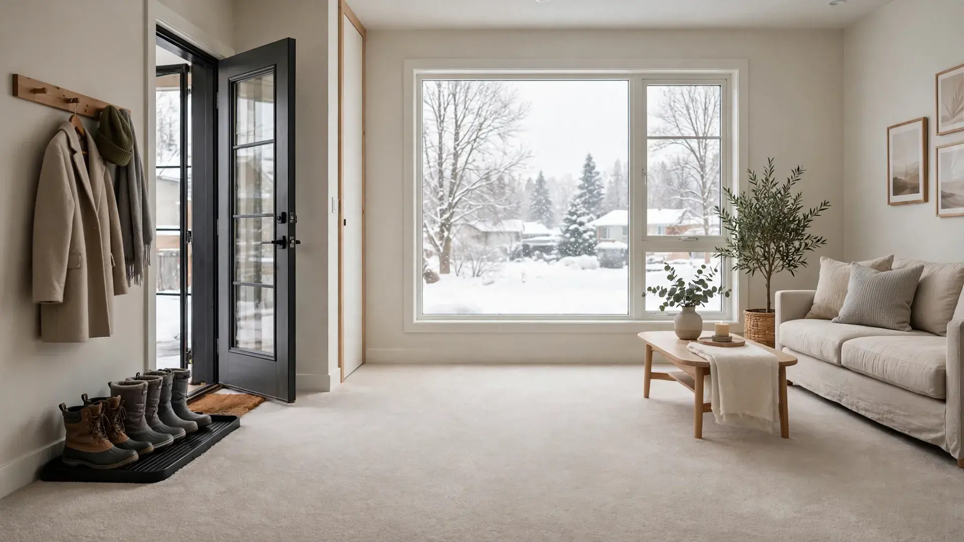 Clean beige carpet in a bright living room entryway with a winter view through the front door