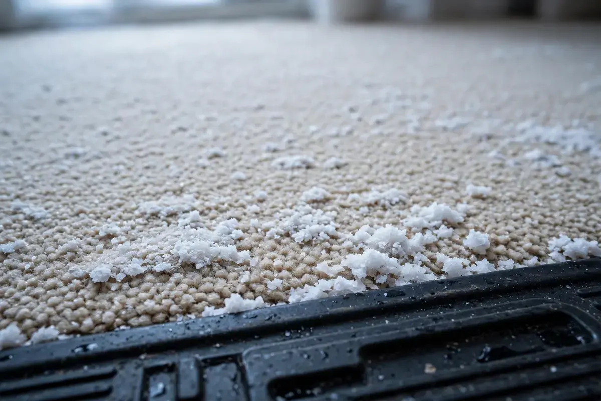 Salt-stained beige carpet pile beside a black boot tray at a front door