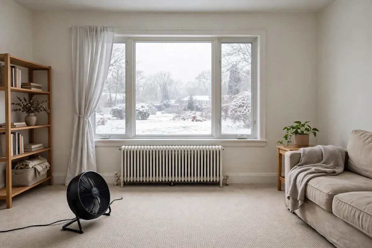 Living room carpet drying under a floor fan beside a radiator on a snowy day